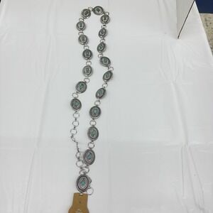 Mini Concho Belt Womens L/XL Silver Faux Turquoise Emboxxed Southwest Metal *